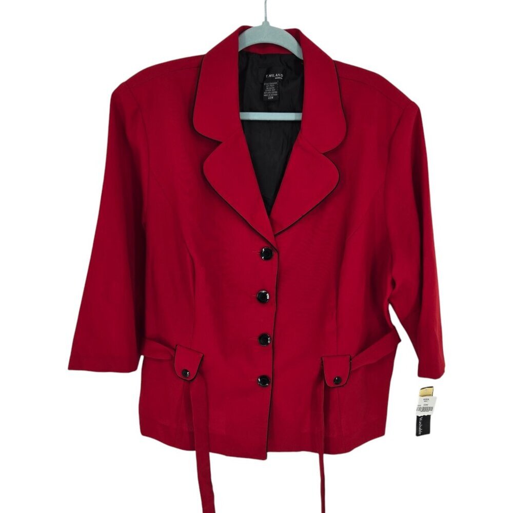 T Milano woman 22W button up red black blazer jacket 3 quarter sleeve belted NWT